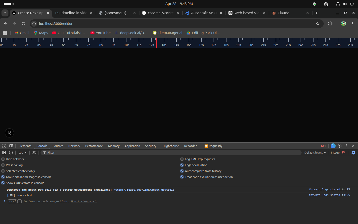 2026-04-28 — Timeline ruler 0–28s, empty canvas